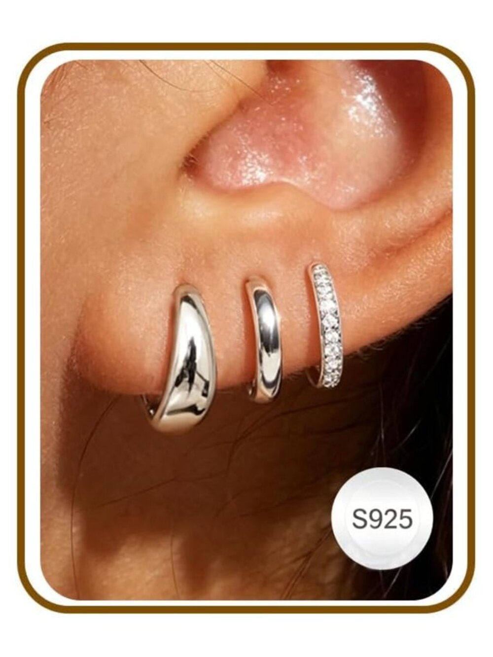 925 Sterling Silver 14K Gold Plated Huggie Hoop Earrings Set 3 Pairs
